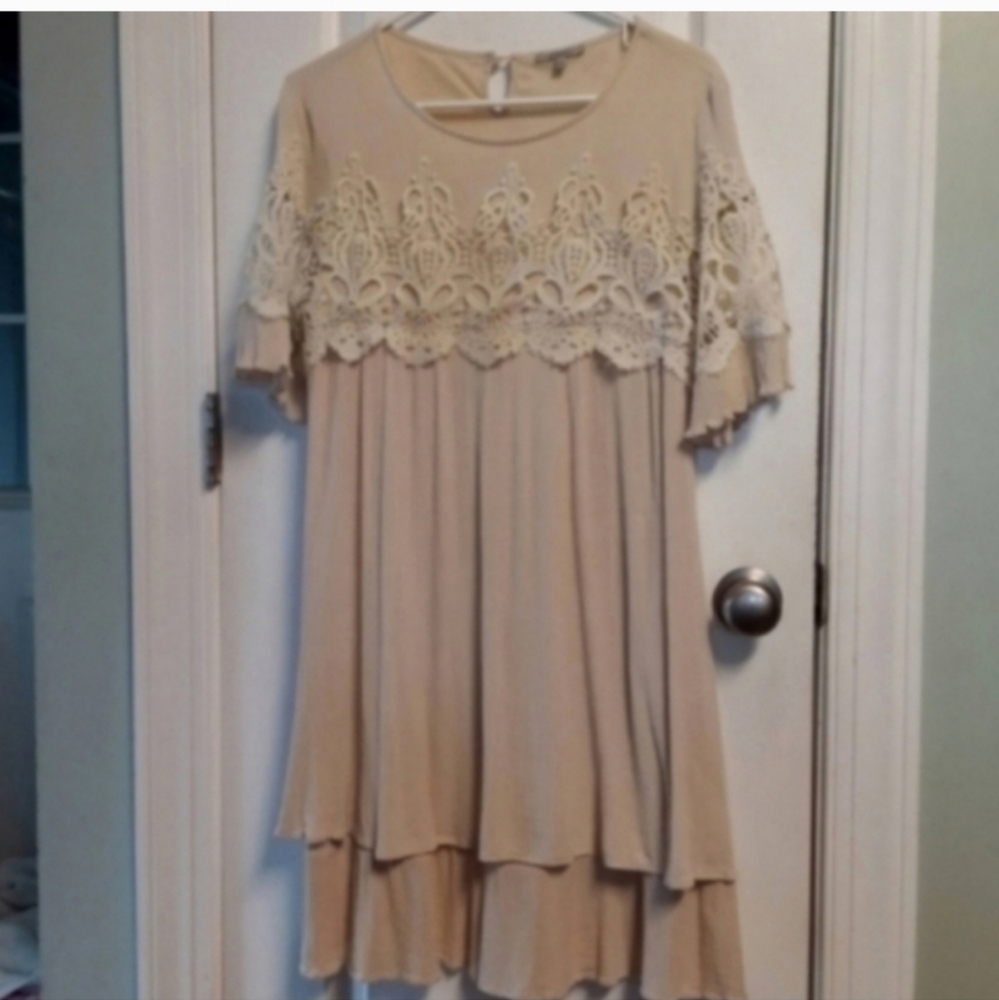 Jodifl Elegant Midi Dress Tier Lace Detail Bodice Arms Blush Pink DressyChurch